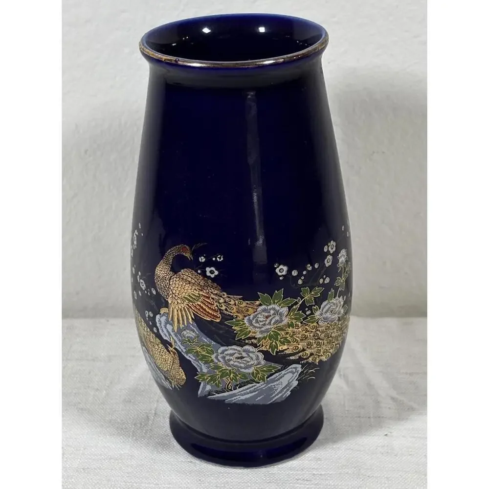 Vintage UC Japan Peacock Vase Cobalt Blue Gold Floral 7” Porcelain
